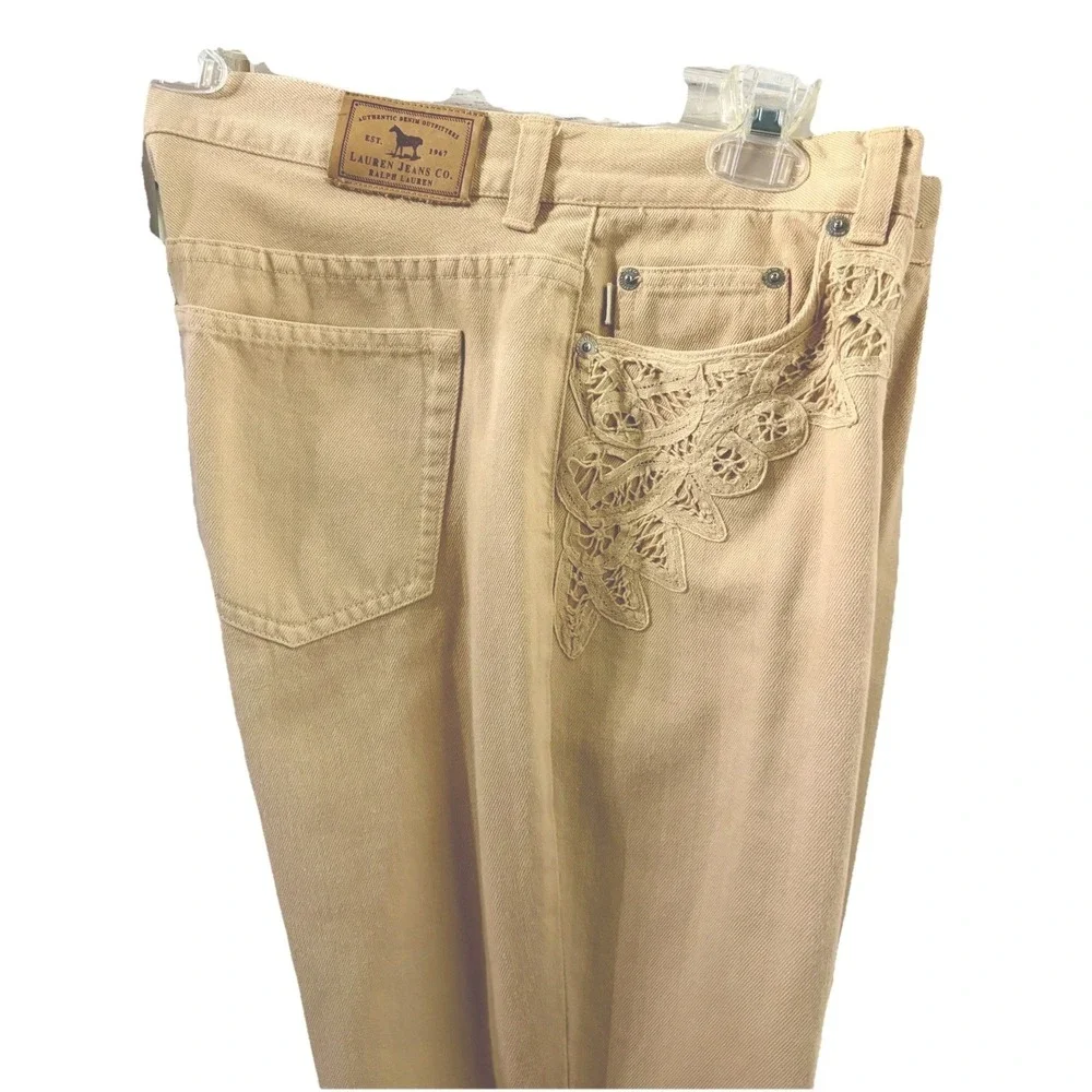 Y2K LAUREN Jeans Co 10 Sand Battenburg Lace Trim Pants Bootcut Leg Jeans Romance
